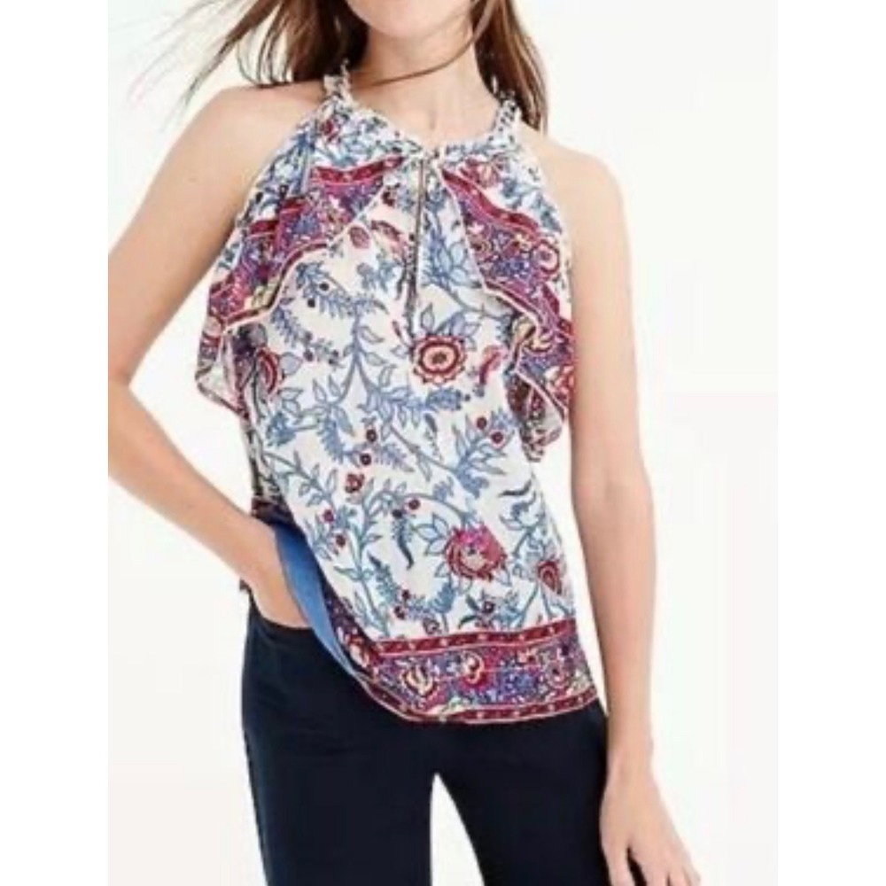 J.Crew Point Sur Halter Top Women P2 Floral Ruffle Block Print Boho Cottagecore
